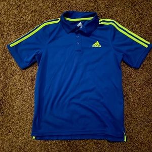 Adidas boys golf shirt Sz L. Polo style blue and lime green